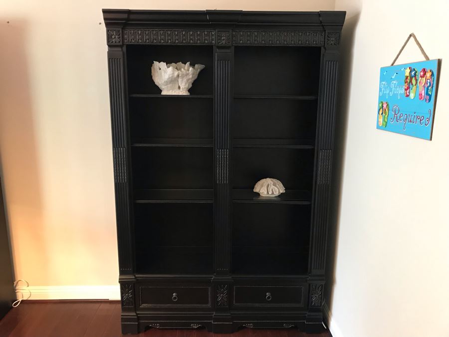 Pair Of Stunning Premium Black Carved Wooden Bookcase Bookshelves With Two Drawers And Overhead Lighting Each Measures 54W X 15D X 82.5H [Photo 13]