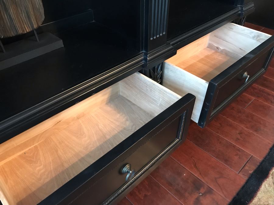 Pair Of Stunning Premium Black Carved Wooden Bookcase Bookshelves With Two Drawers And Overhead Lighting Each Measures 54W X 15D X 82.5H [Photo 11]