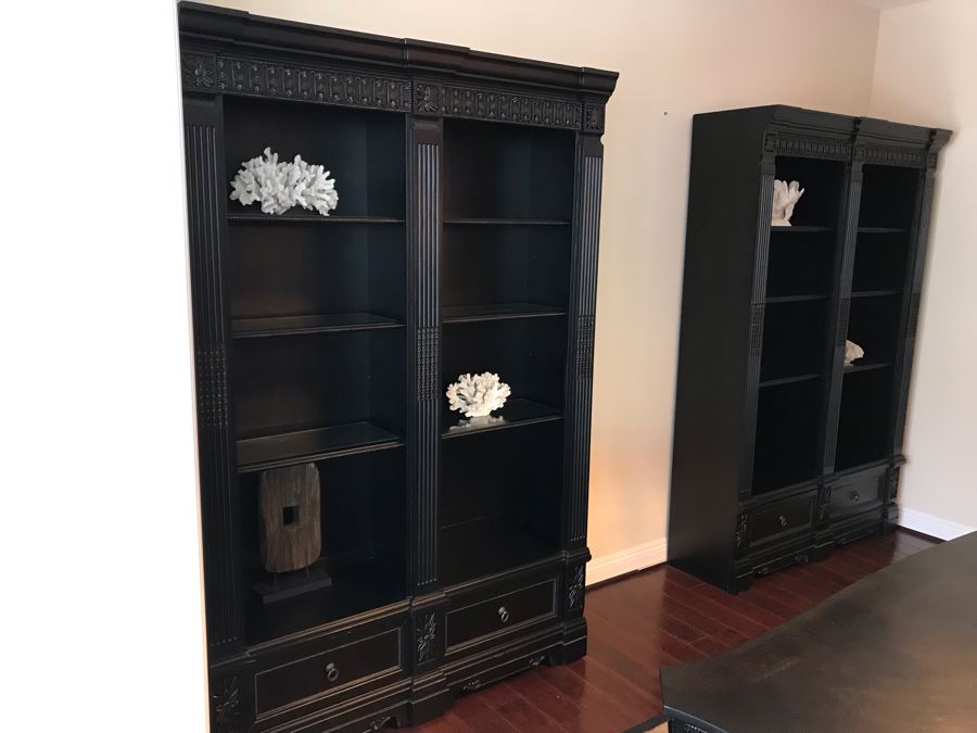 Pair Of Stunning Premium Black Carved Wooden Bookcase Bookshelves With Two Drawers And Overhead Lighting Each Measures 54W X 15D X 82.5H [Photo 2]
