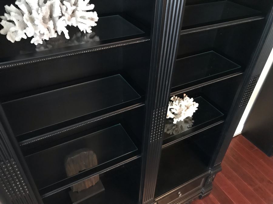 Pair Of Stunning Premium Black Carved Wooden Bookcase Bookshelves With Two Drawers And Overhead Lighting Each Measures 54W X 15D X 82.5H [Photo 9]