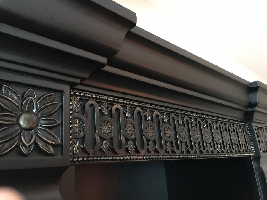 Pair Of Stunning Premium Black Carved Wooden Bookcase Bookshelves With Two Drawers And Overhead Lighting Each Measures 54W X 15D X 82.5H [Photo 7]