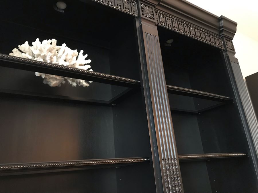 Pair Of Stunning Premium Black Carved Wooden Bookcase Bookshelves With Two Drawers And Overhead Lighting Each Measures 54W X 15D X 82.5H [Photo 16]