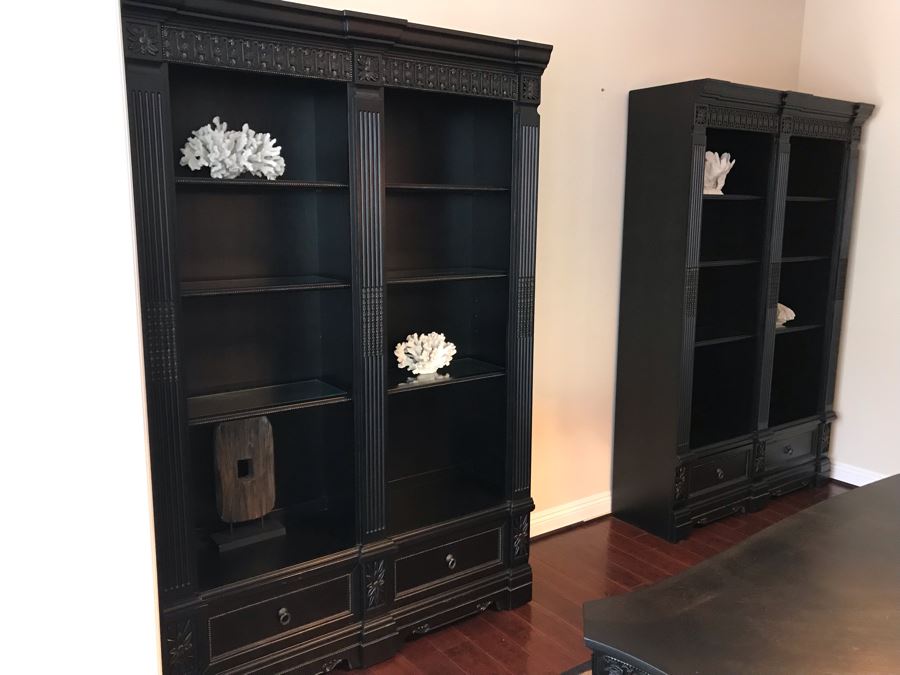 Pair Of Stunning Premium Black Carved Wooden Bookcase Bookshelves With Two Drawers And Overhead Lighting Each Measures 54W X 15D X 82.5H [Photo 1]
