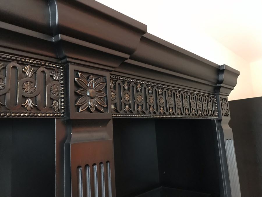 Pair Of Stunning Premium Black Carved Wooden Bookcase Bookshelves With Two Drawers And Overhead Lighting Each Measures 54W X 15D X 82.5H [Photo 8]