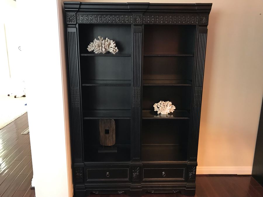 Pair Of Stunning Premium Black Carved Wooden Bookcase Bookshelves With Two Drawers And Overhead Lighting Each Measures 54W X 15D X 82.5H [Photo 4]