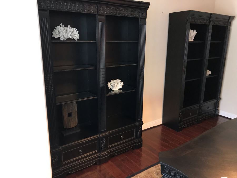 Pair Of Stunning Premium Black Carved Wooden Bookcase Bookshelves With Two Drawers And Overhead Lighting Each Measures 54W X 15D X 82.5H [Photo 3]