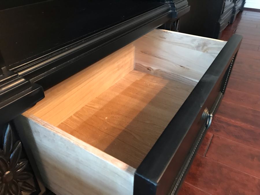 Pair Of Stunning Premium Black Carved Wooden Bookcase Bookshelves With Two Drawers And Overhead Lighting Each Measures 54W X 15D X 82.5H [Photo 12]