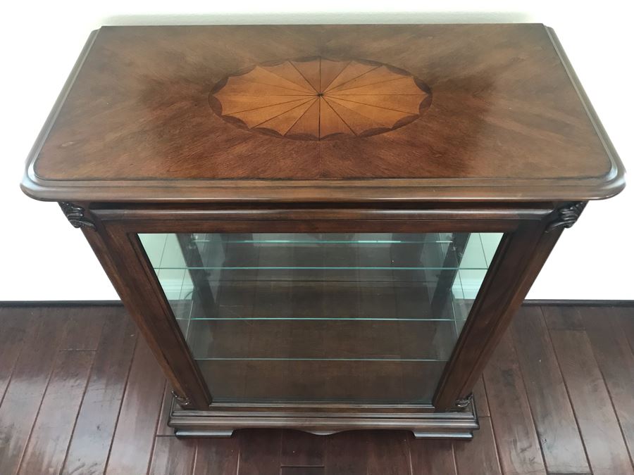 Wooden Inlay Top Curio Cabinet With Overhead Lighting And Glass Shelves 35W X 17D X 42H [Photo 6]