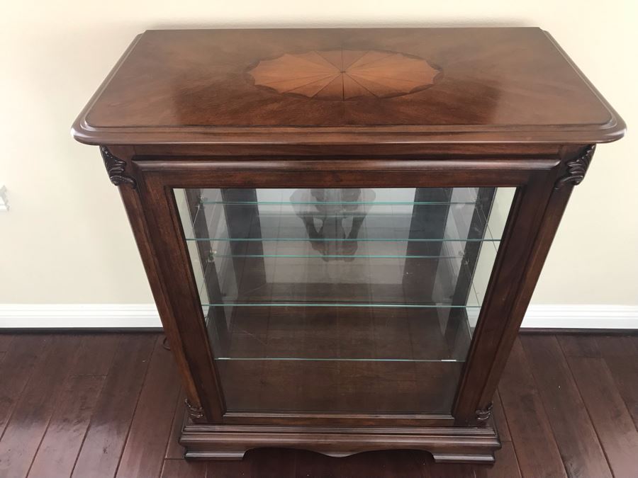 Wooden Inlay Top Curio Cabinet With Overhead Lighting And Glass Shelves 35W X 17D X 42H [Photo 7]