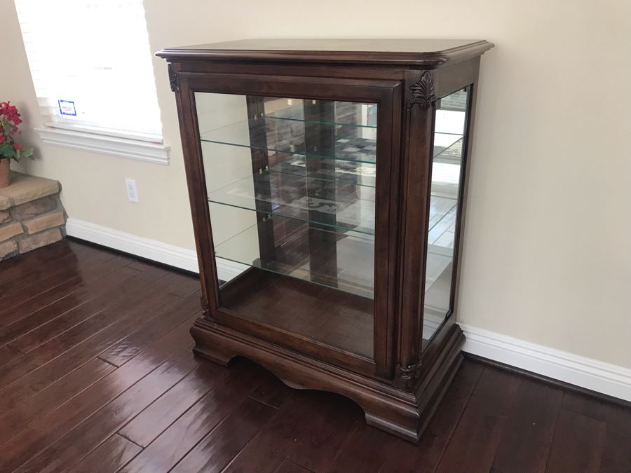 Wooden Inlay Top Curio Cabinet With Overhead Lighting And Glass Shelves 35W X 17D X 42H [Photo 3]