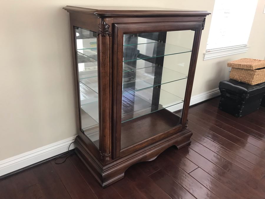Wooden Inlay Top Curio Cabinet With Overhead Lighting And Glass Shelves 35W X 17D X 42H [Photo 8]