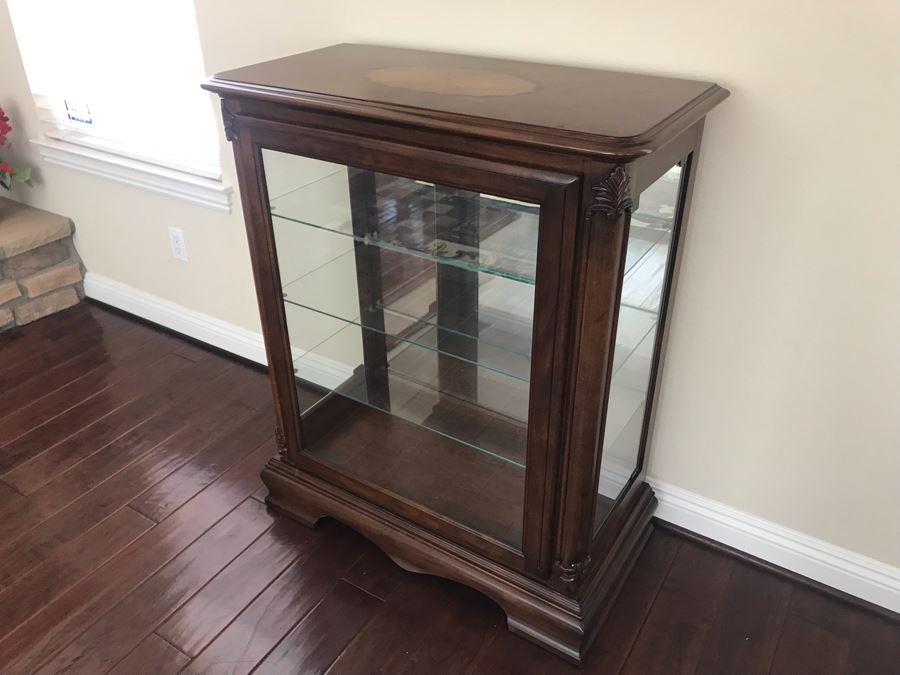Wooden Inlay Top Curio Cabinet With Overhead Lighting And Glass Shelves 35W X 17D X 42H [Photo 2]
