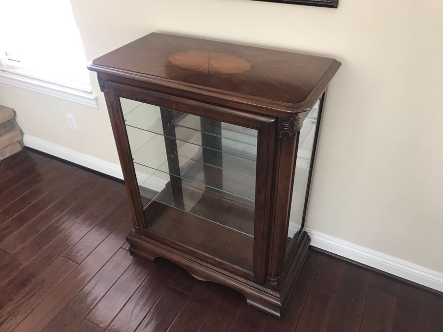 Wooden Inlay Top Curio Cabinet With Overhead Lighting And Glass Shelves 35W X 17D X 42H [Photo 1]