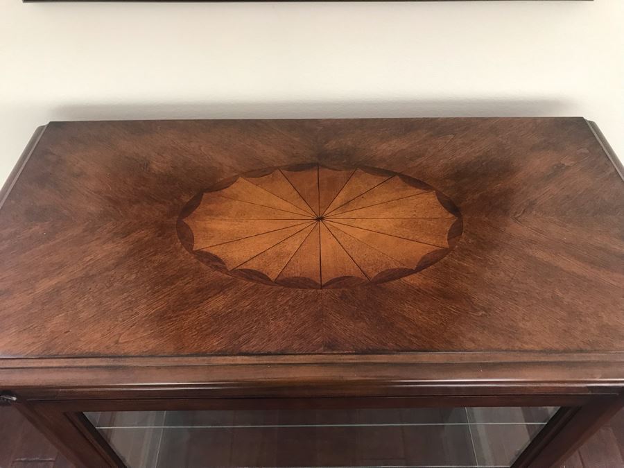 Wooden Inlay Top Curio Cabinet With Overhead Lighting And Glass Shelves 35W X 17D X 42H [Photo 4]