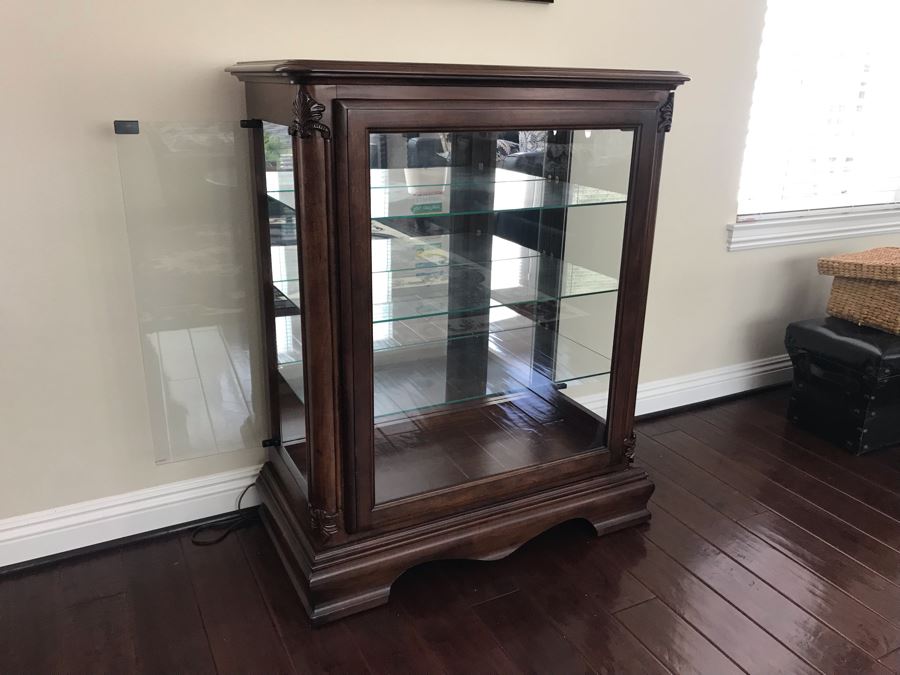Wooden Inlay Top Curio Cabinet With Overhead Lighting And Glass Shelves 35W X 17D X 42H [Photo 9]