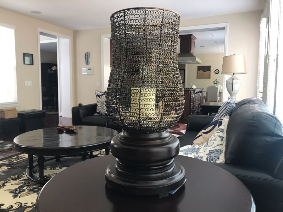 Monumental Candle Holder With Turned Wooden Base And Metal Chimney 13W X 26H [Photo 3]