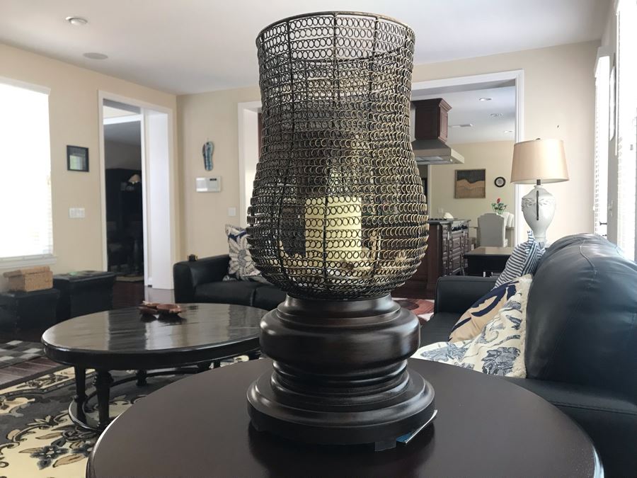 Monumental Candle Holder With Turned Wooden Base And Metal Chimney 13W X 26H [Photo 2]