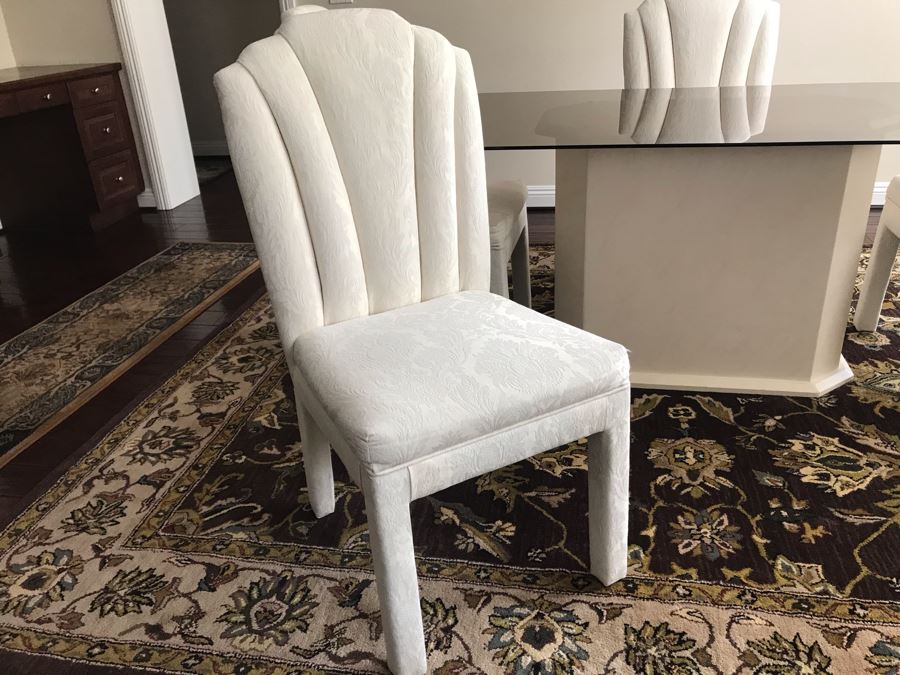 (4) Upholstered Dining Chairs By Douglas Furniture And Resin Pedestal Dining Table And Glass Top 36 X 60 [Photo 8]