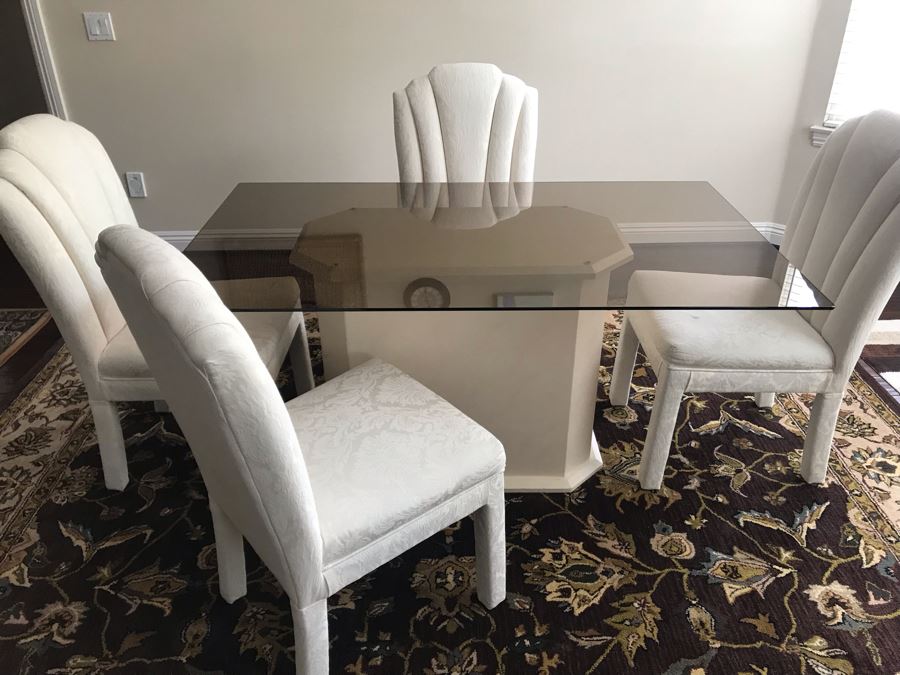 (4) Upholstered Dining Chairs By Douglas Furniture And Resin Pedestal Dining Table And Glass Top 36 X 60 [Photo 5]
