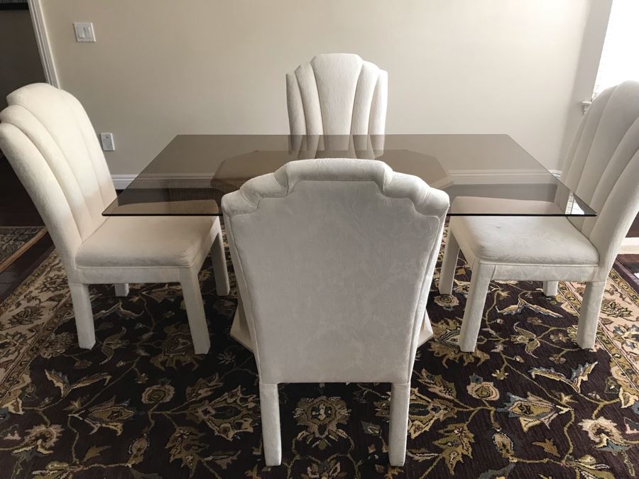 (4) Upholstered Dining Chairs By Douglas Furniture And Resin Pedestal Dining Table And Glass Top 36 X 60 [Photo 3]