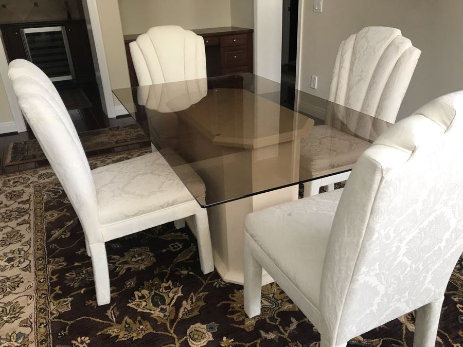 (4) Upholstered Dining Chairs By Douglas Furniture And Resin Pedestal Dining Table And Glass Top 36 X 60