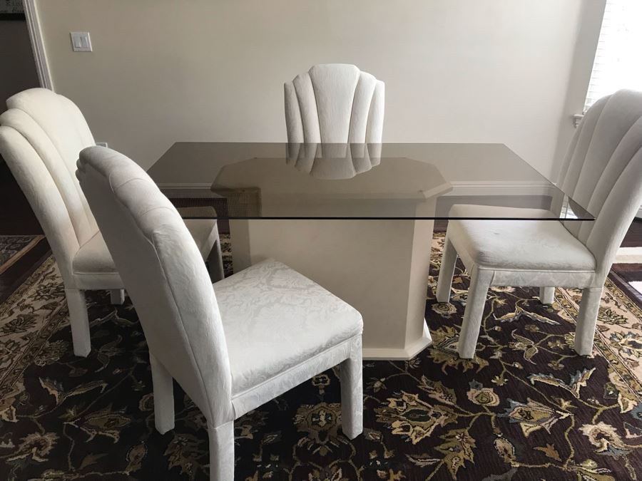 (4) Upholstered Dining Chairs By Douglas Furniture And Resin Pedestal Dining Table And Glass Top 36 X 60 [Photo 4]