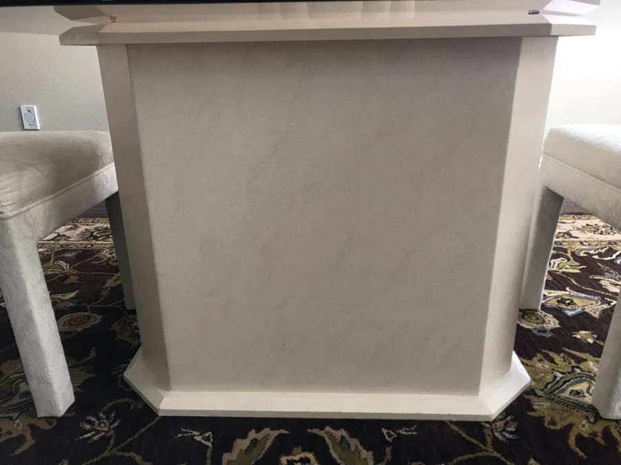 (4) Upholstered Dining Chairs By Douglas Furniture And Resin Pedestal Dining Table And Glass Top 36 X 60 [Photo 7]