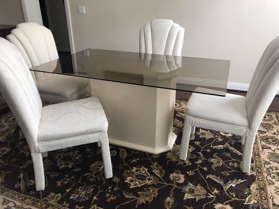 (4) Upholstered Dining Chairs By Douglas Furniture And Resin Pedestal Dining Table And Glass Top 36 X 60 [Photo 6]