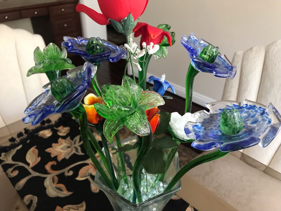 Decorative Glass Flowers With Glass Vase 22H [Photo 3]