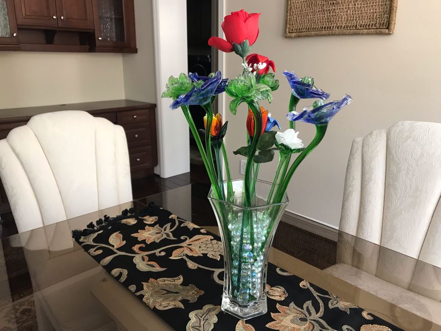 Decorative Glass Flowers With Glass Vase 22H