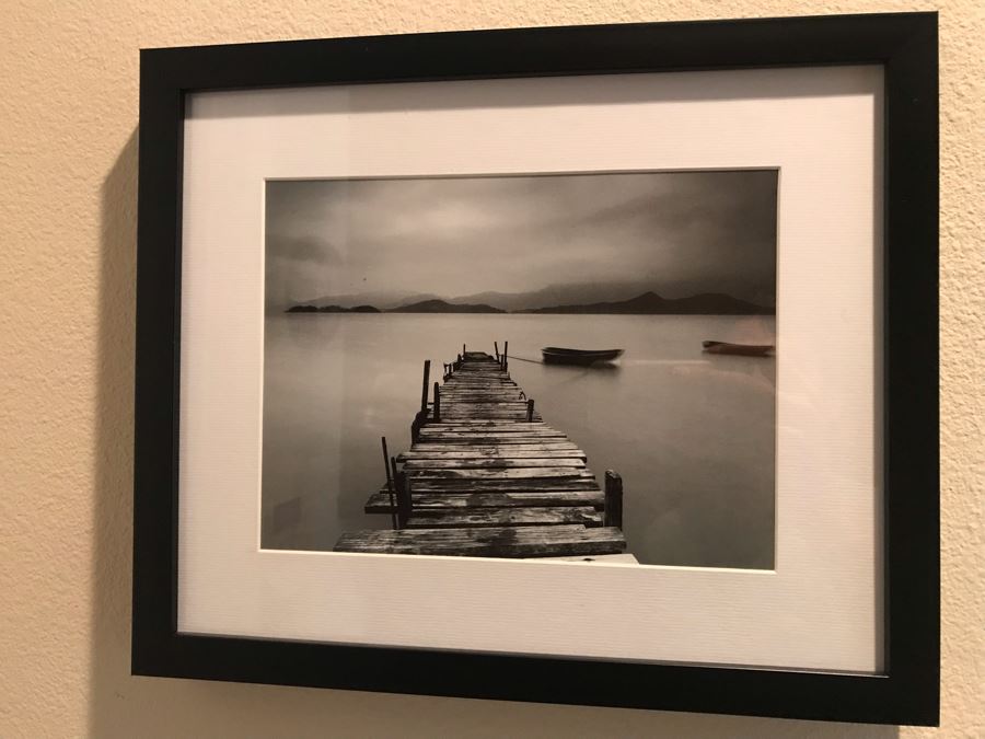 Framed B&W Boat Dock Photograph 14 X 12