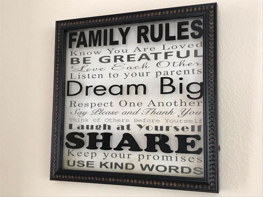 Wall Decor Framed Glass Family Rules Sign 11 X 11