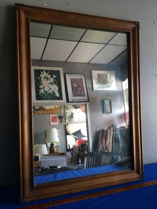 Wooden Framed Mirror With Brass Accents