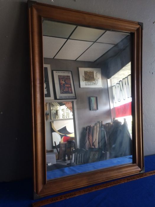 Wooden Framed Mirror With Brass Accents