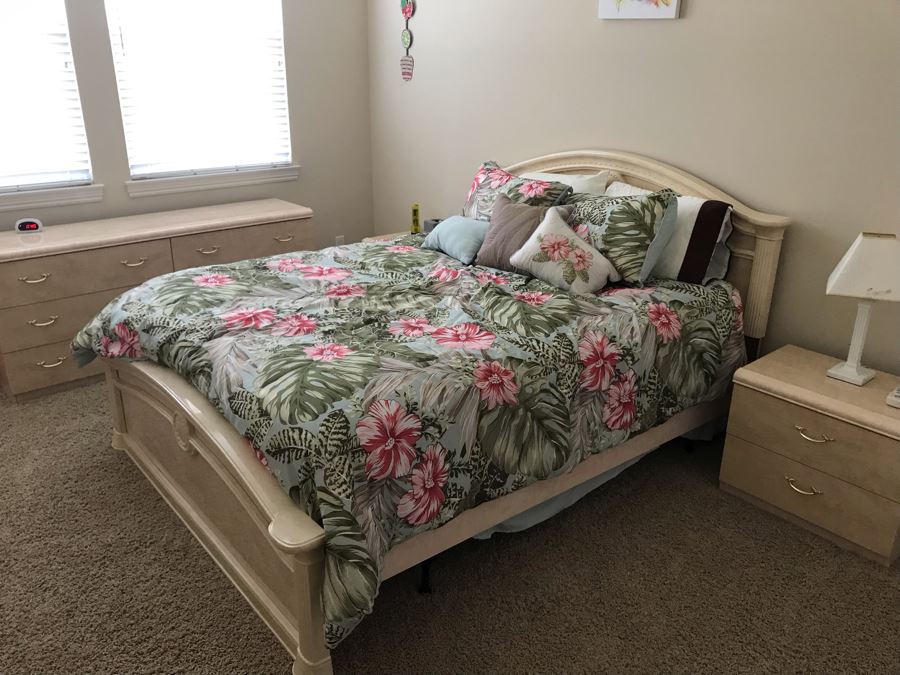 Italian Pressboard Bedroom Set: Queen Size Bed With Mattress And Boxspring, Pair Of Nightstands, 6-Drawer Dresser And Armoire (Not Pictured Yet) [Photo 2]