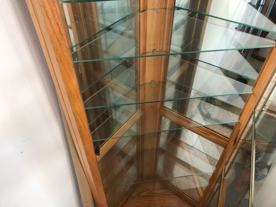 Oak Corner Curio Display Cabinet Lockable With Key 25W X 15D X 78H [Photo 5]