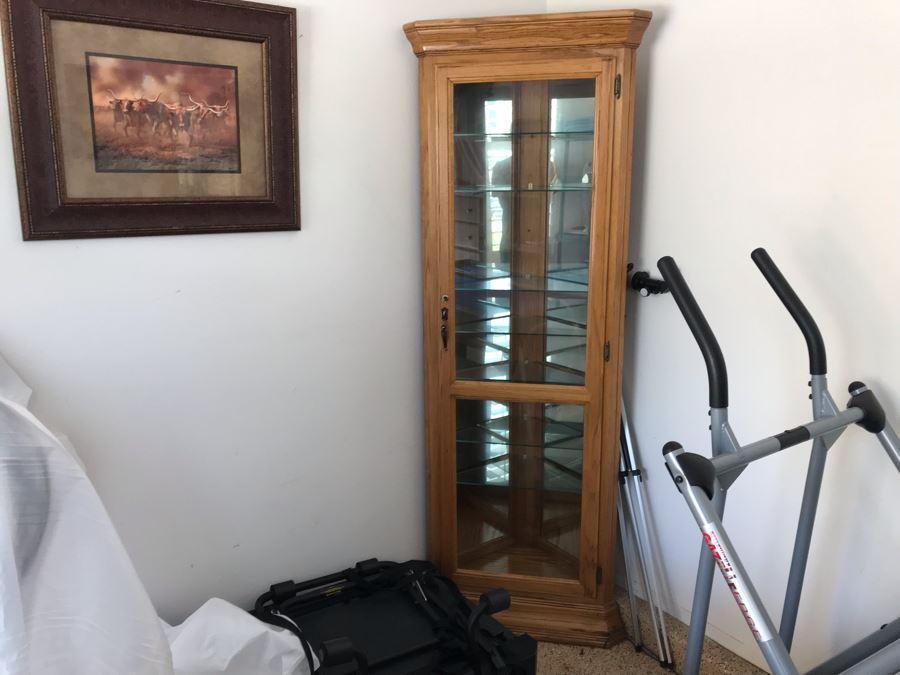 Oak Corner Curio Display Cabinet Lockable With Key 25W X 15D X 78H [Photo 2]