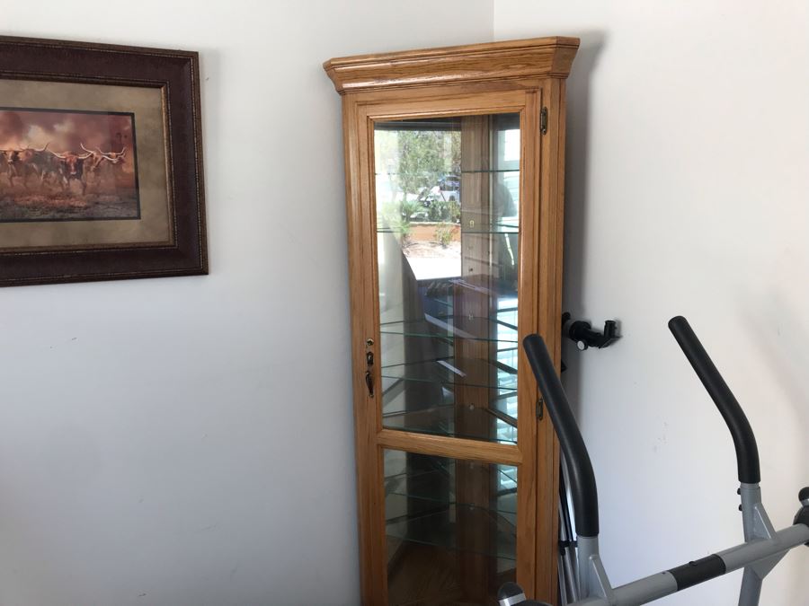 Oak Corner Curio Display Cabinet Lockable With Key 25W X 15D X 78H [Photo 3]