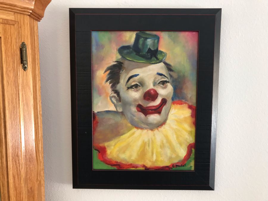 Original Mid-Century Clown Painting On Board By C Medof 17 X 20 [Photo 2]