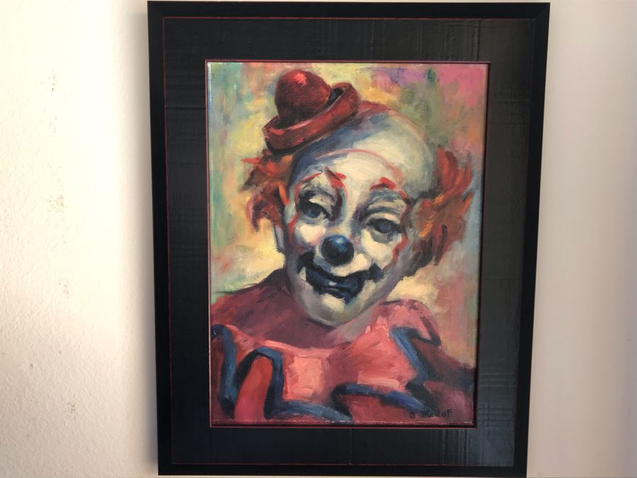 Original Mid-Century Clown Painting On Board By C Medof 17 X 20 [Photo 3]