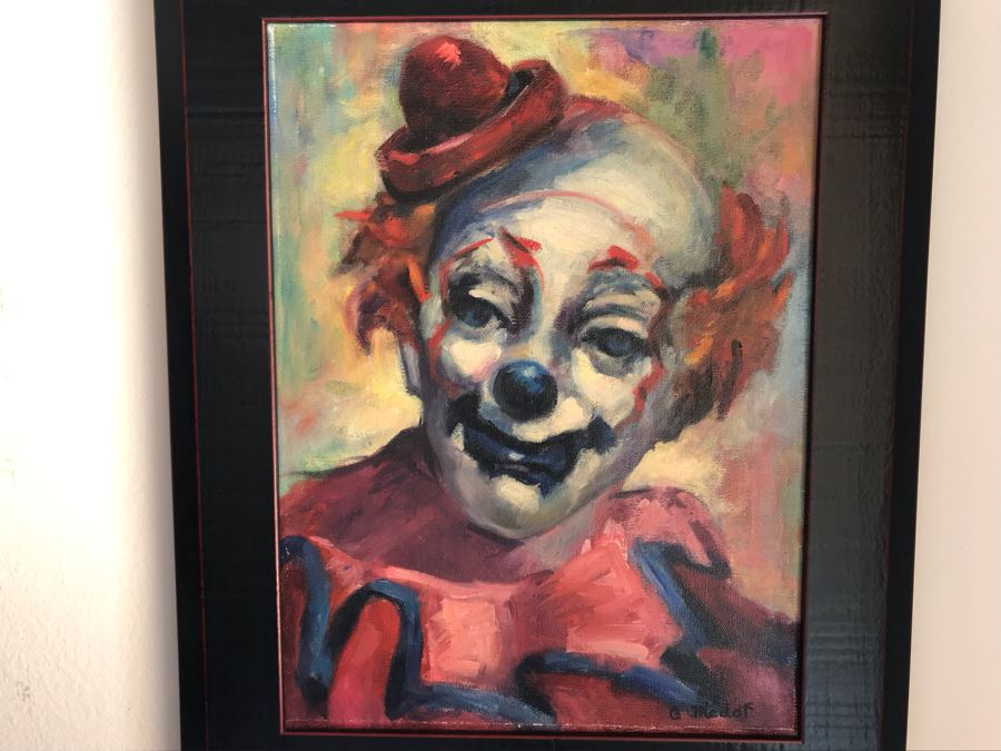 Original Mid-Century Clown Painting On Board By C Medof 17 X 20