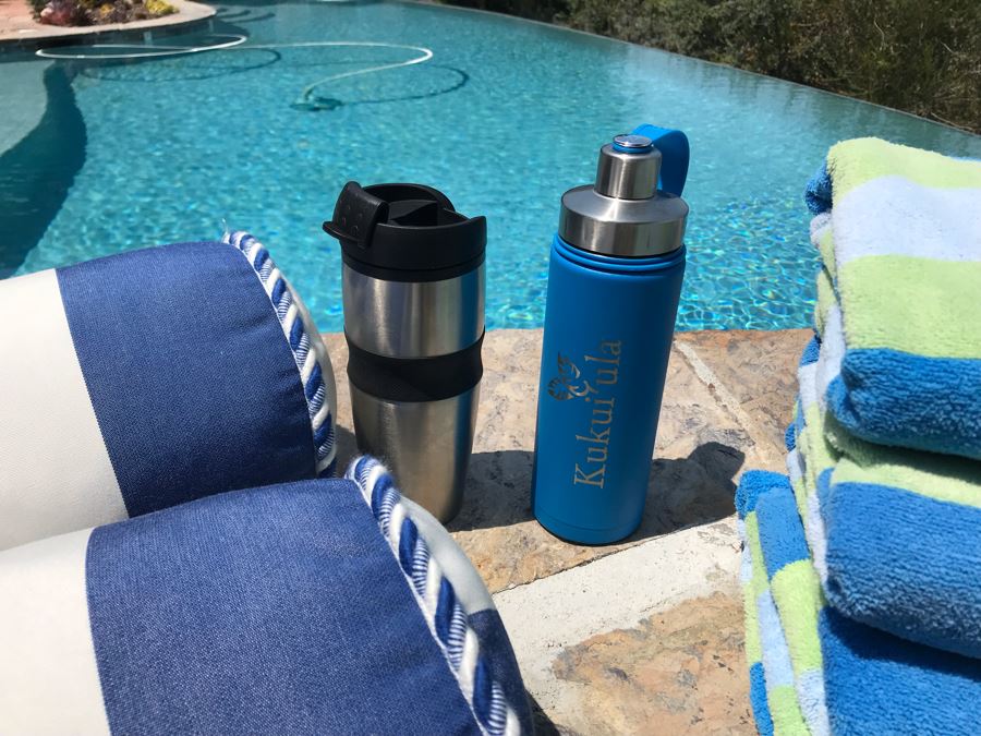 Beach Pool Lot With (4) Beach Towels, (2) Pillows, (3) Drink Koozies Can Coolers, Water Bottle And Travel Coffee Cup [Photo 7]