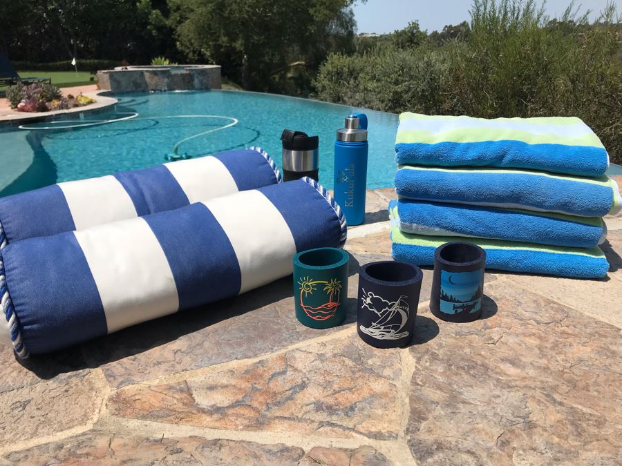 Beach Pool Lot With (4) Beach Towels, (2) Pillows, (3) Drink Koozies Can Coolers, Water Bottle And Travel Coffee Cup [Photo 2]