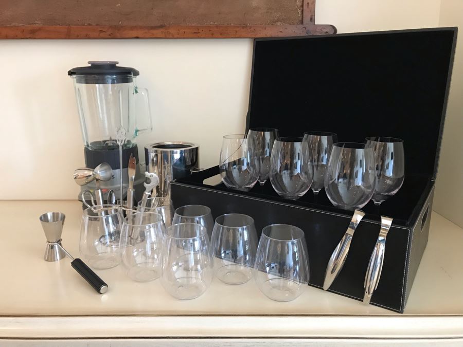 Barware Lot Includes Krups Blender, Plastic Travelling Glasses, Wine Cooler, Stainless Barware Set And Box [Photo 3]