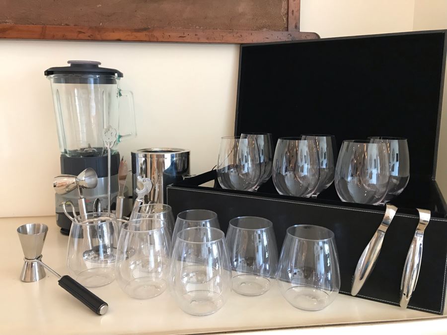 Barware Lot Includes Krups Blender, Plastic Travelling Glasses, Wine Cooler, Stainless Barware Set And Box