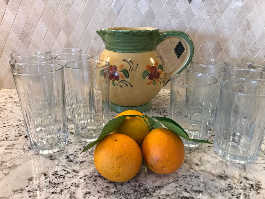 Handmade French Pitcher 8H And (12) Glasses  (Oranges Not Included) [Photo 2]