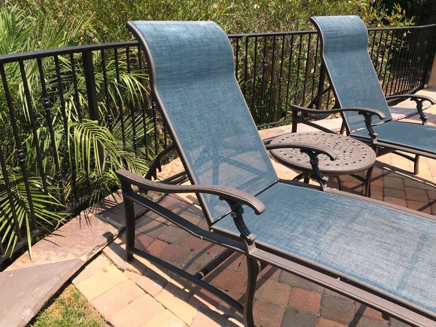 Pair Of Tropitone Kd Garden Terrace Cast Aluminum Sling Back Chaise Loungers With Covers Retails $1,700 [Photo 5]