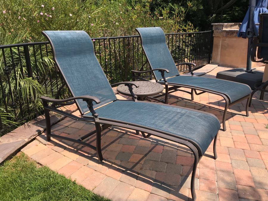 Pair Of Tropitone Kd Garden Terrace Cast Aluminum Sling Back Chaise Loungers With Covers Retails $1,700 [Photo 1]
