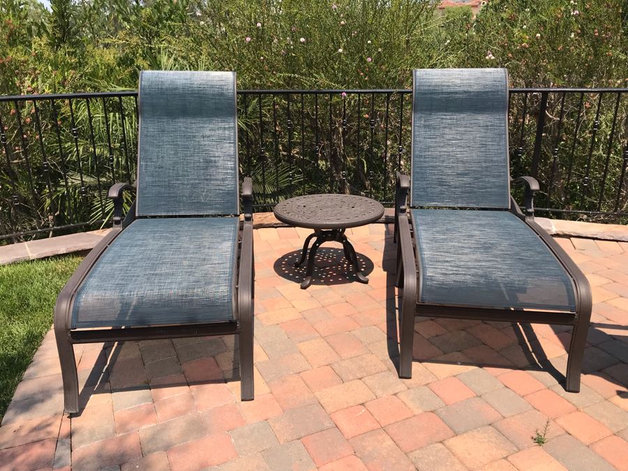 Pair Of Tropitone Kd Garden Terrace Cast Aluminum Sling Back Chaise Loungers With Covers Retails $1,700 [Photo 3]