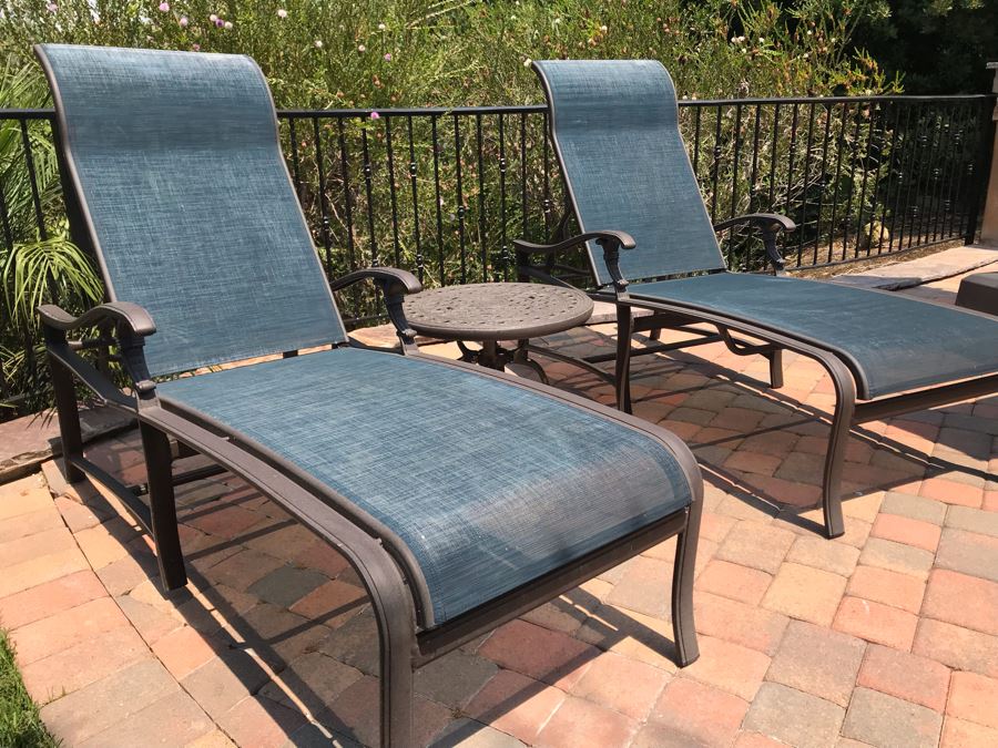 Pair Of Tropitone Kd Garden Terrace Cast Aluminum Sling Back Chaise Loungers With Covers Retails $1,700 [Photo 2]